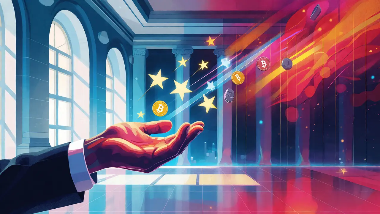 Colorful cartoon of a hand catching crypto stars bridging banks and blockchain