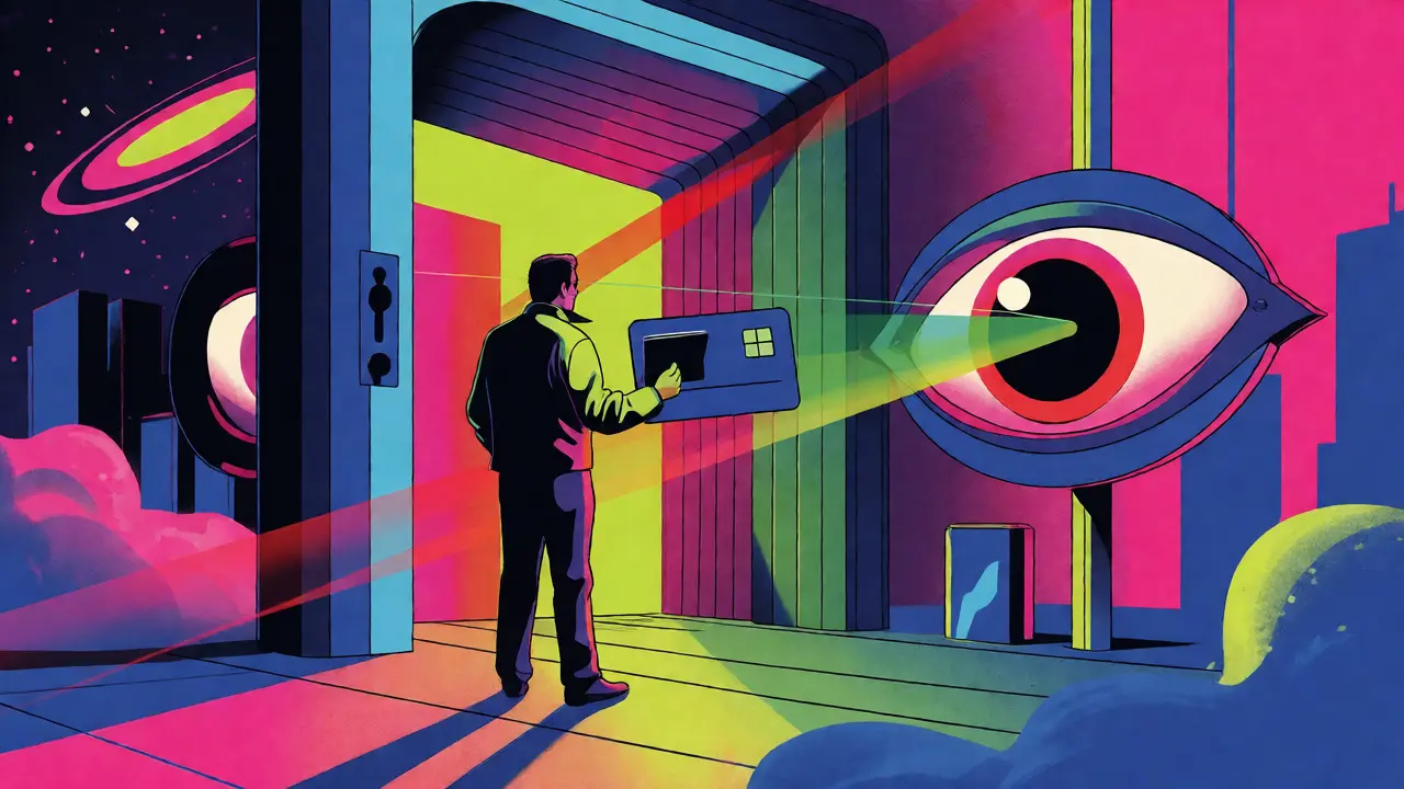 Colorful cartoon of a traveler facing digital identity verification barriers.