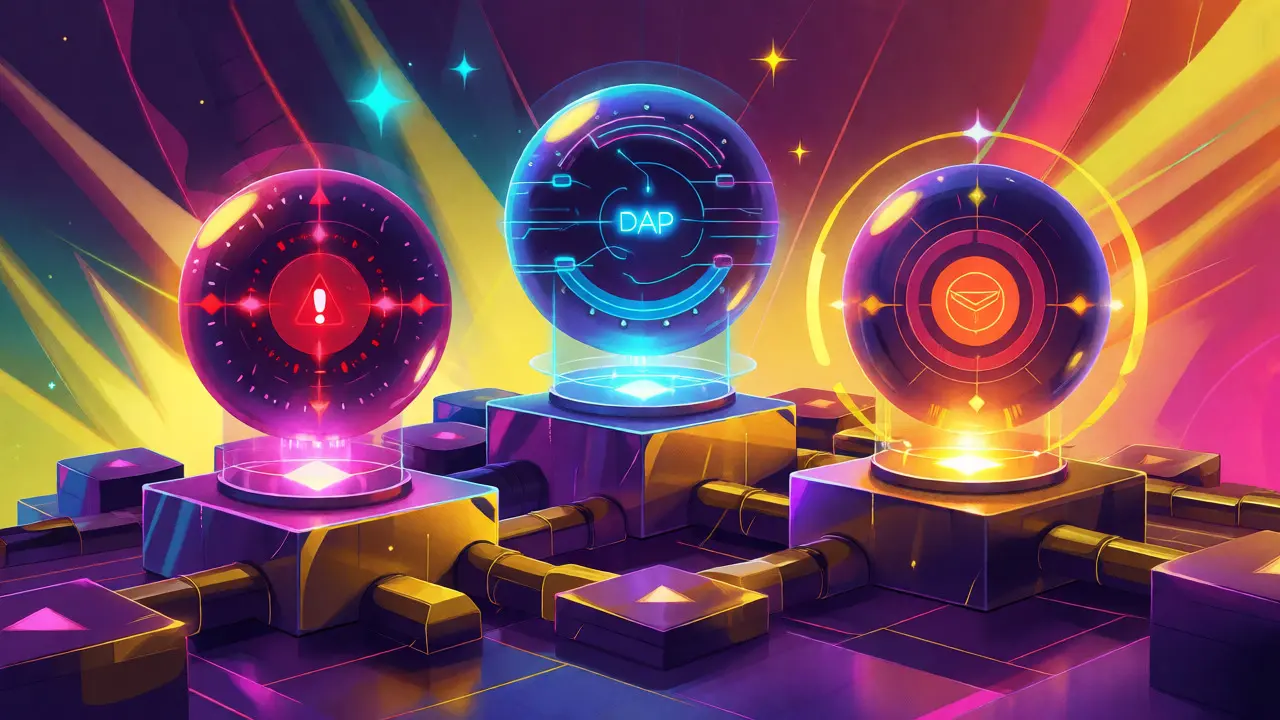 Colorful depiction of AI moderation tools and analytics orbs over a blockchain landscape
