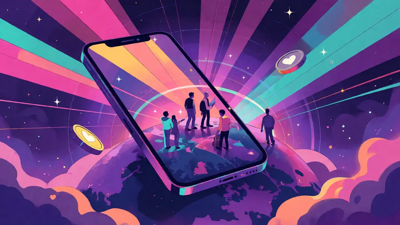 Colorful graphic illustrating Celo's mobile-first approach connecting users globally via phones.