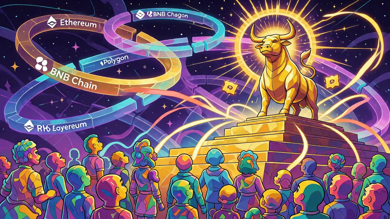 Colorful illustration showing Polqueen avatars reaching for an exclusive golden Bull NFT.