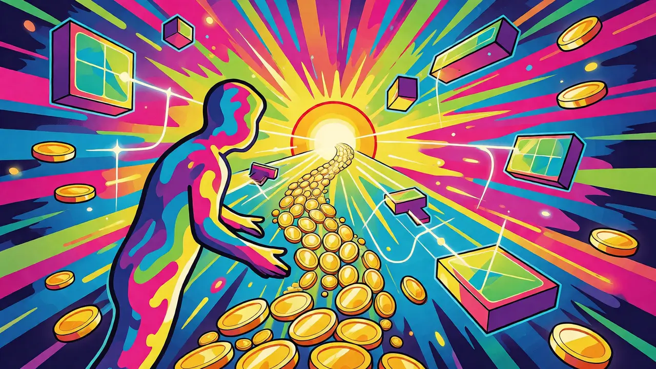 Colorful Peter Max cartoon of abstract figures staking golden tokens amidst swirling psychedelic lights and geometric blocks.