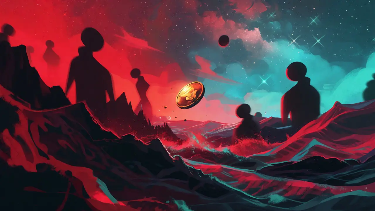 Conceptual art showing a small crypto token floating on volatile, dark ocean waves