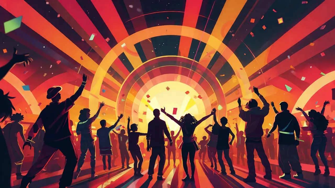Energetic virtual music festival with dancing crowds in colorful art