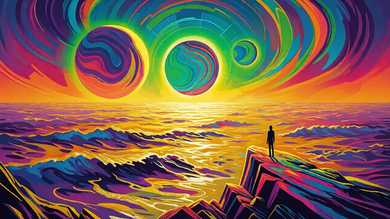 Figure on cliff overlooking volatile golden ocean under warped sky