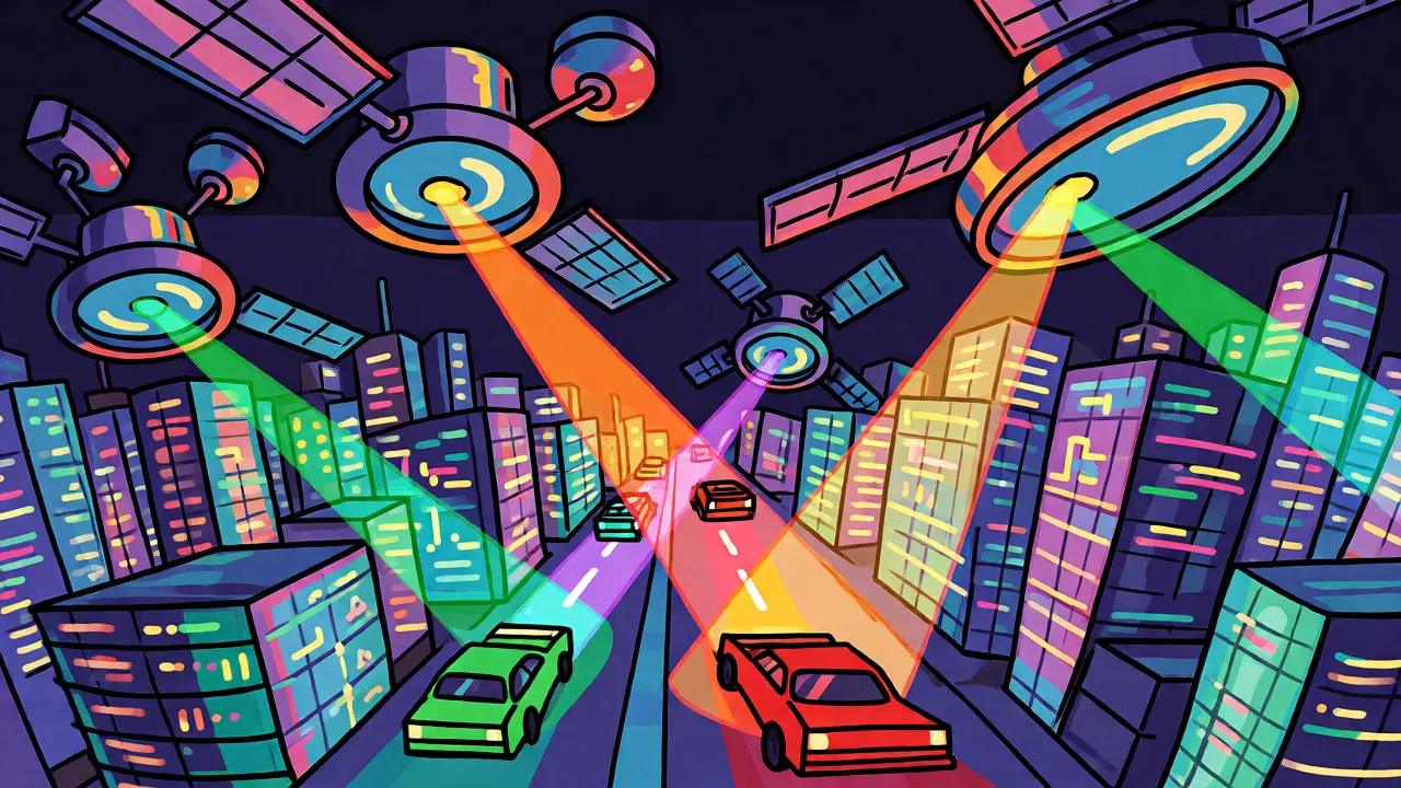 Futuristic city with satellite magnifiers scanning traffic for risk levels.