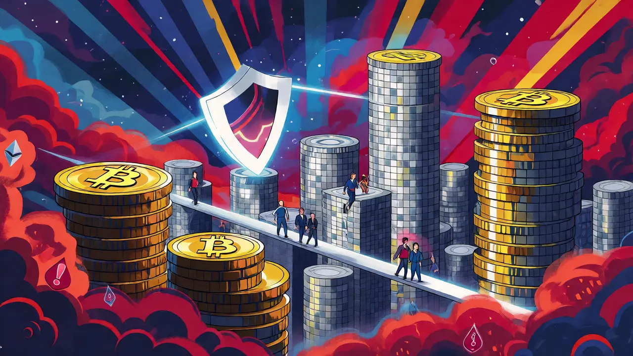 Futuristic cityscape of stacked coins representing Ontario's crypto trading hub