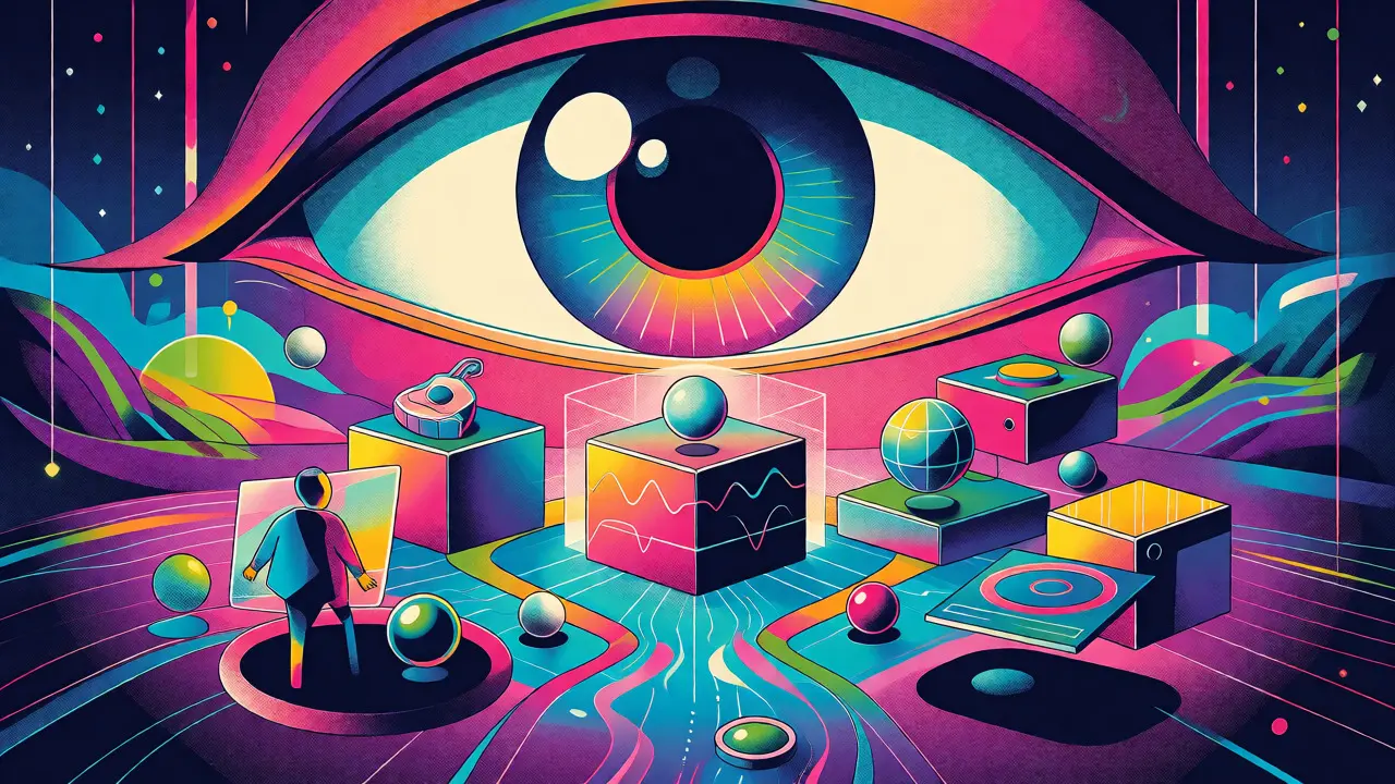 Futuristic eye scanning a holographic dashboard of biometric and hardware authentication elements.
