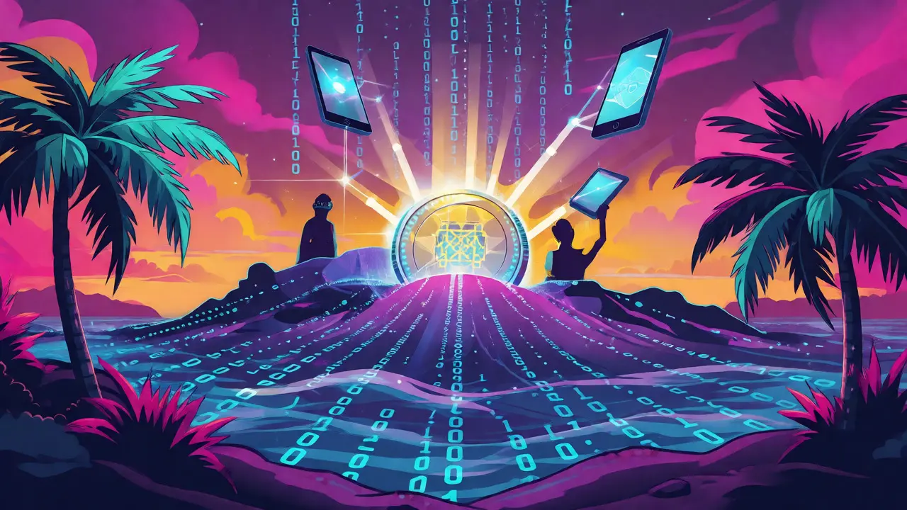 Futuristic Kish Island landscape featuring a glowing Digital Rial monument and digital waves.
