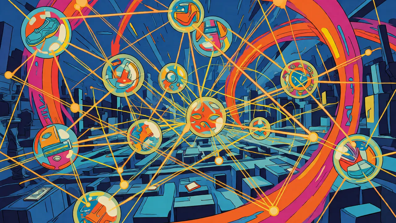 Glowing product spheres connected by golden networks over a city
