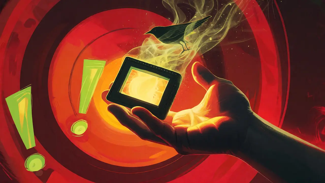Hand holding an empty wallet as a smoke bird dissolves into gold dust.