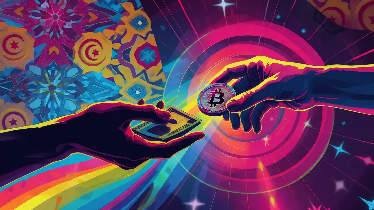 Hands exchanging cash for crypto in psychedelic void