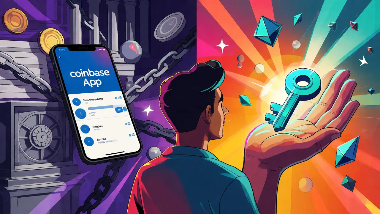Illustration contrasting regulated exchange app with free self-custody wallet.