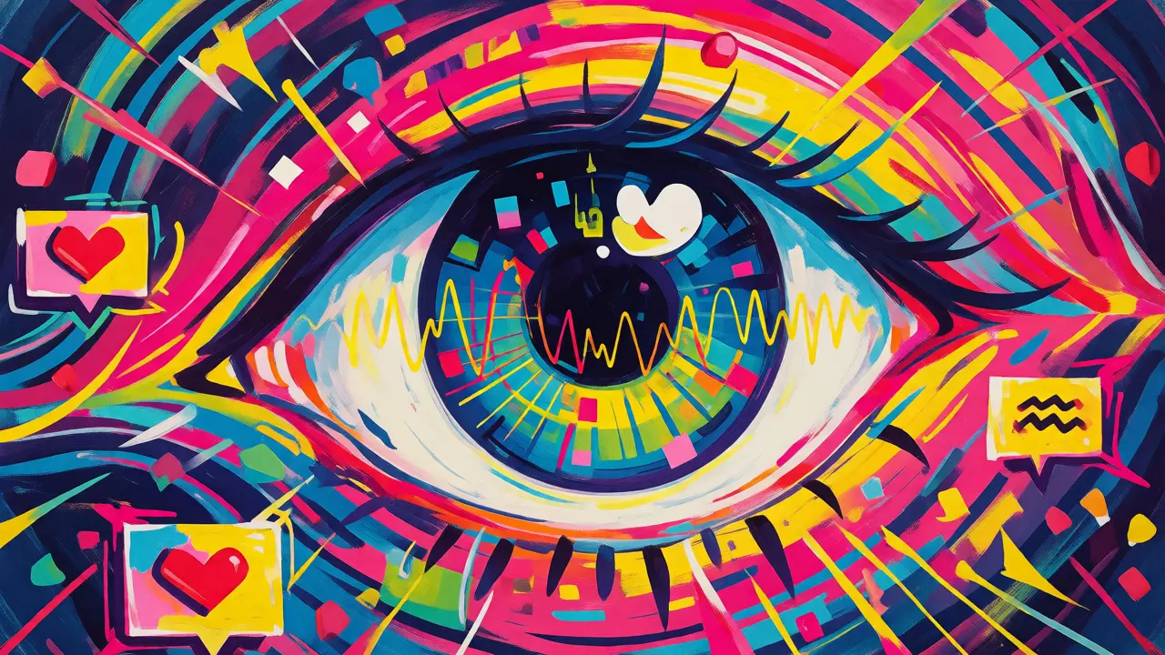 Peter Max style art depicting AI music trends with a digital eye and sound waves