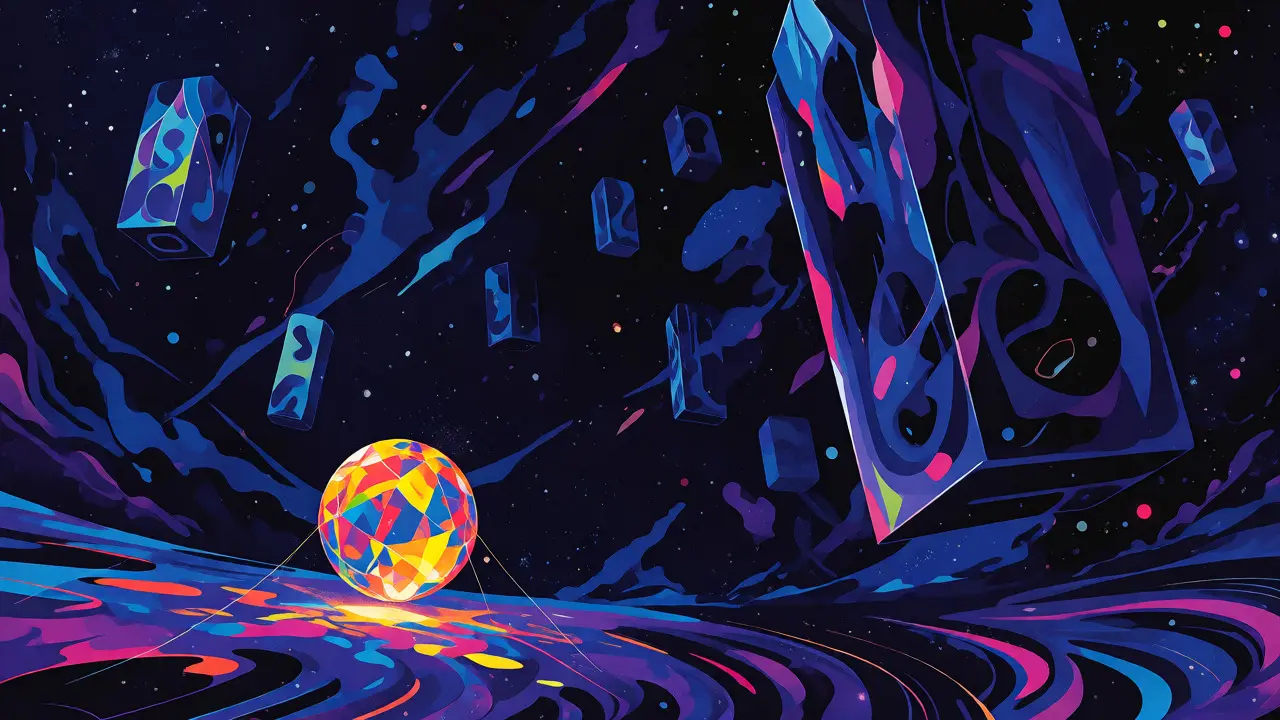 Peter Max style art showing a small glowing sphere representing Valas Finance contrasting against a vast dark cosmic background.