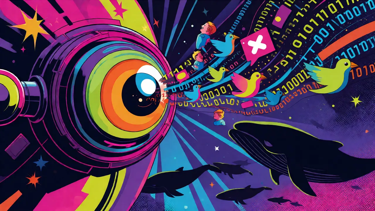 Robotic eye scanning social media icons into data streams in vibrant colors.