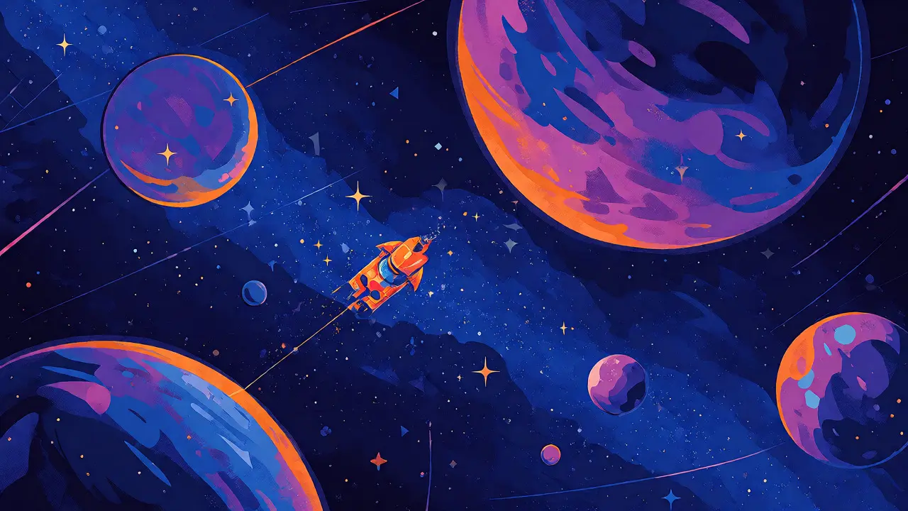 Small colorful vehicle navigating a cosmic DeFi landscape among larger celestial bodies.