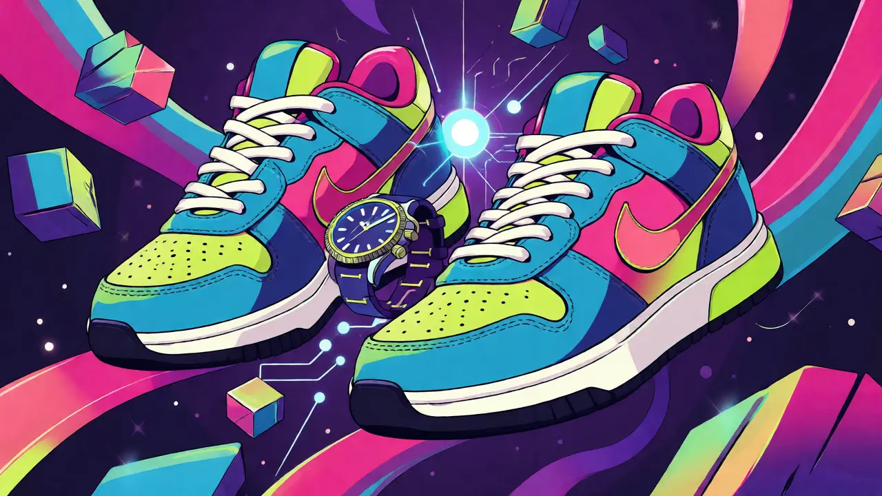 Sneakers and watch merging with digital NFTs in vibrant illustration
