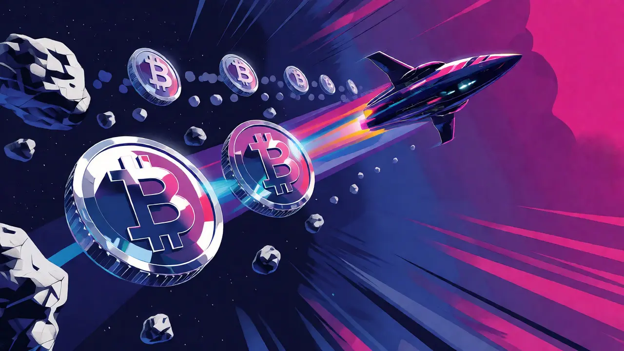 Spaceship navigating an asteroid belt of crypto tokens with locked ghosts.