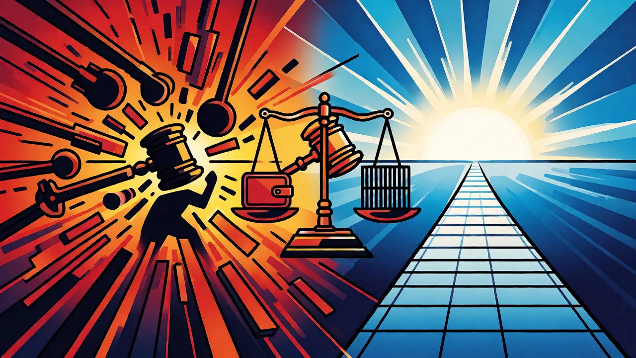 Split scene showing chaotic penalties versus orderly compliance for crypto taxes.