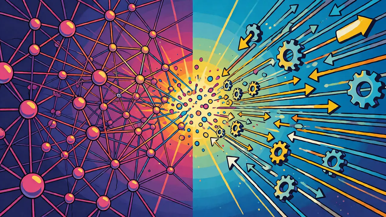 Split screen showing complex network webs versus automated data pipelines.