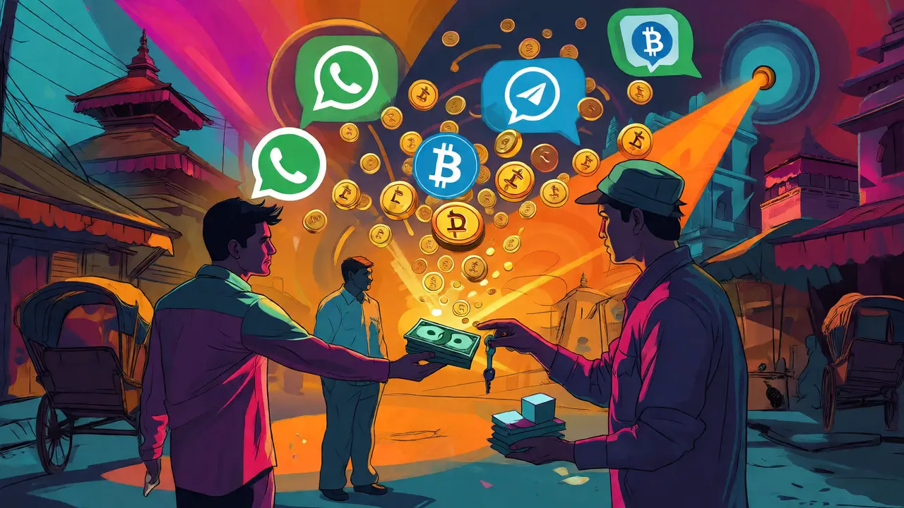 Stylized cartoon of P2P crypto transactions via mobile apps in a colorful Kathmandu setting