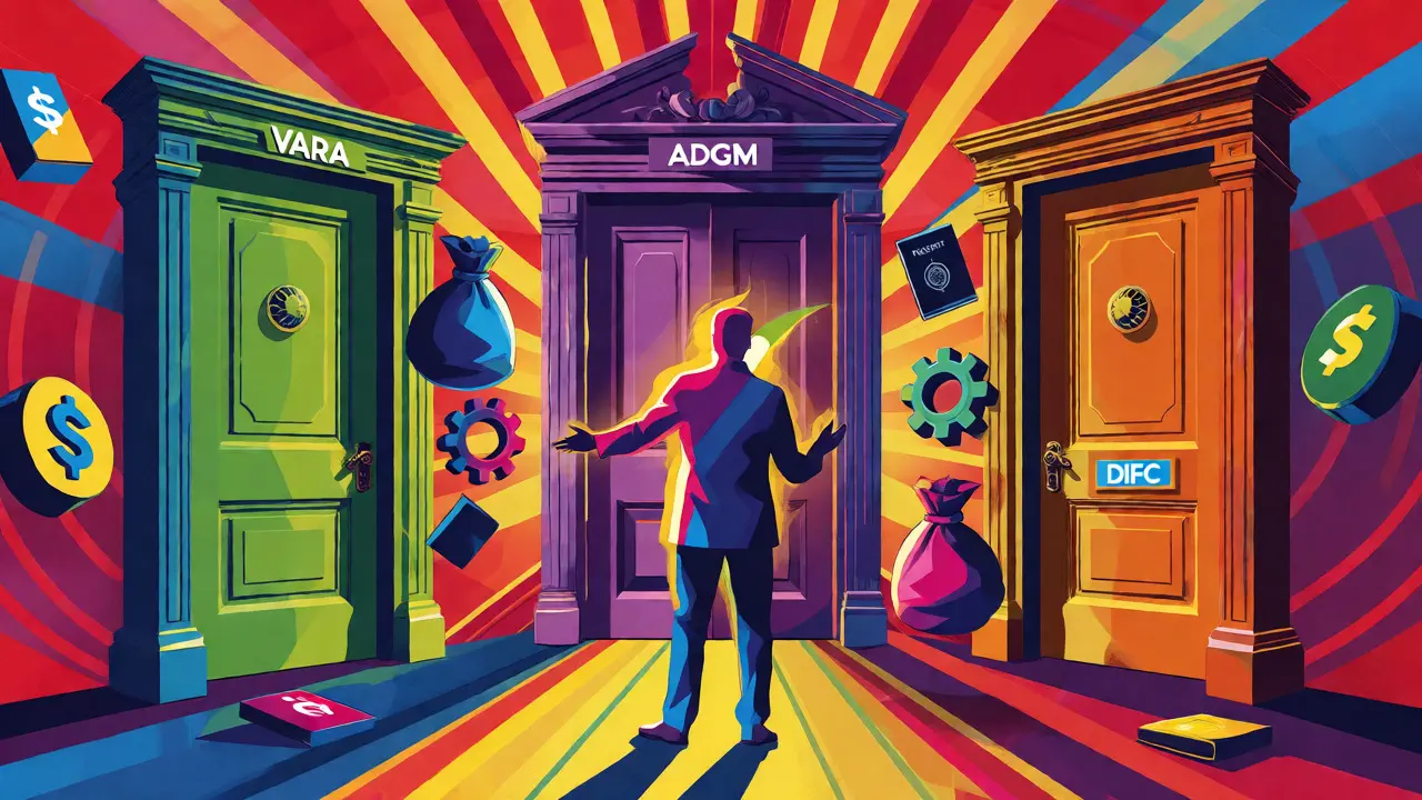 Stylized figure choosing between three colored doors representing UAE free zones.