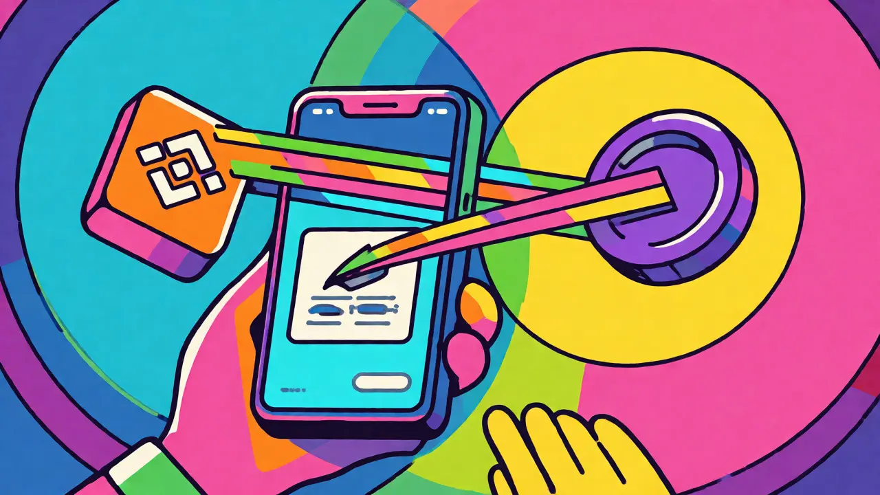 Stylized figure swapping tokens via smartphone in a colorful retro-futuristic setting.