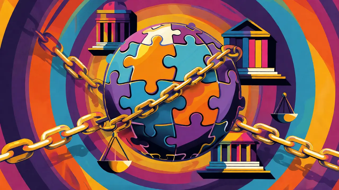 Stylized globe wrapped in golden chains symbolizing global blockchain regulations