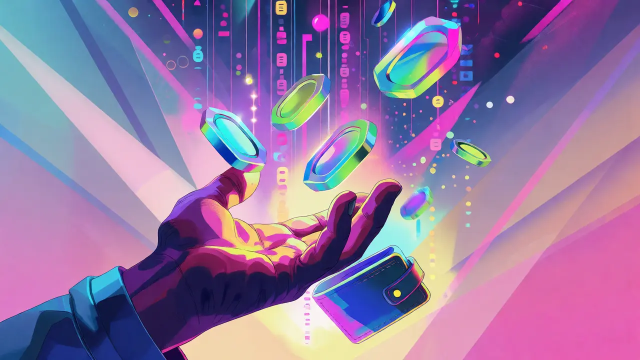 Stylized hand catching glowing HGT tokens against a colorful cosmic background.