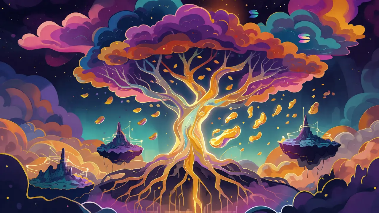 Stylized tree growing from blockchain roots with liquid tokens as golden leaves.