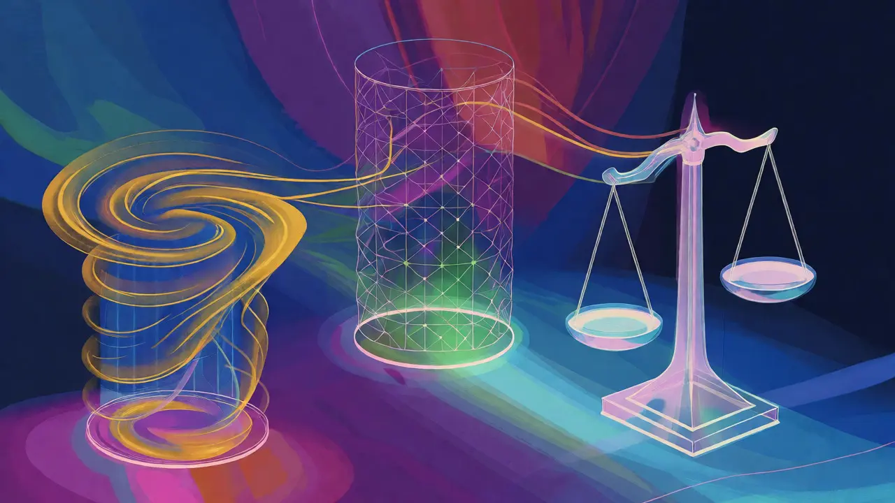 Stylized visualization of DeFi liquidity pools and smart contract structures