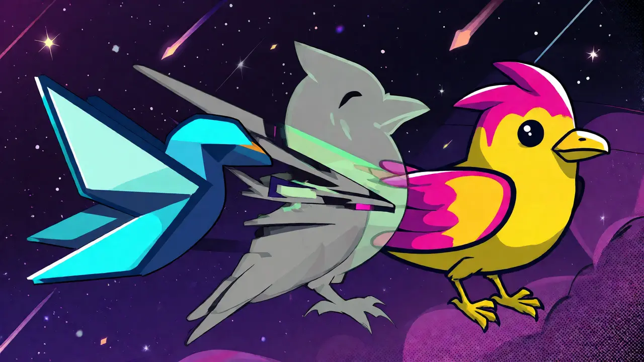 Three distinct bird icons overlapping in a colorful starry void showing confusion.