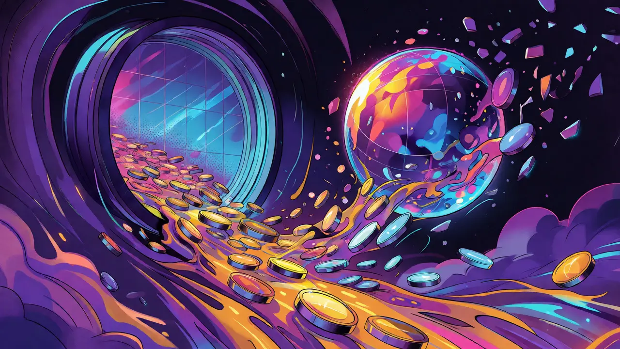 Tokens flowing from a vault into a glowing sphere representing market cap.