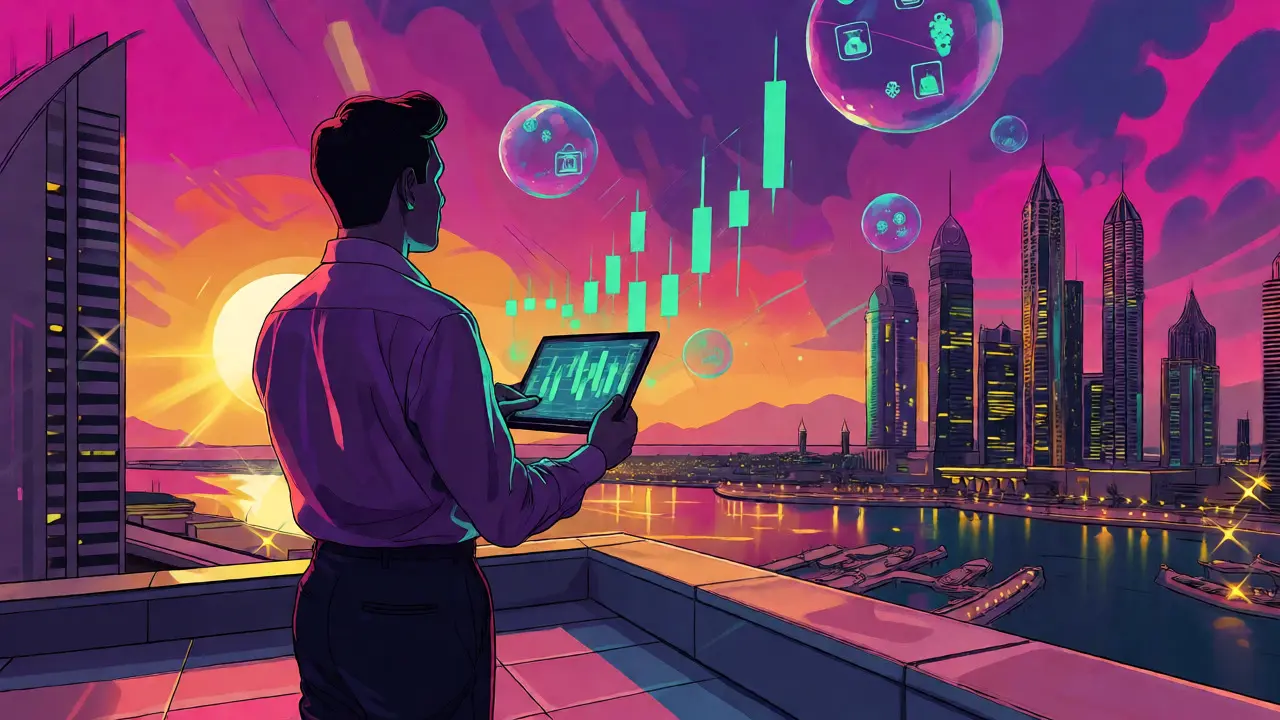 Trader on Dubai rooftop with holographic crypto charts under a vibrant Peter Max style sunset.