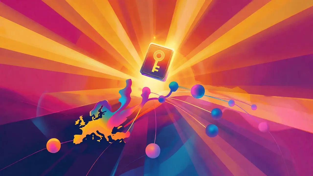 Vibrant artwork showing a single license unlocking access across Europe